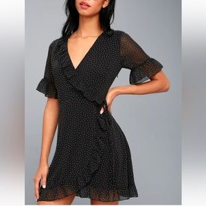 NWT Lulus Rokoko Sophronia Black Polka-Dot Faux Wrap Mini Dress Size Medium Boho